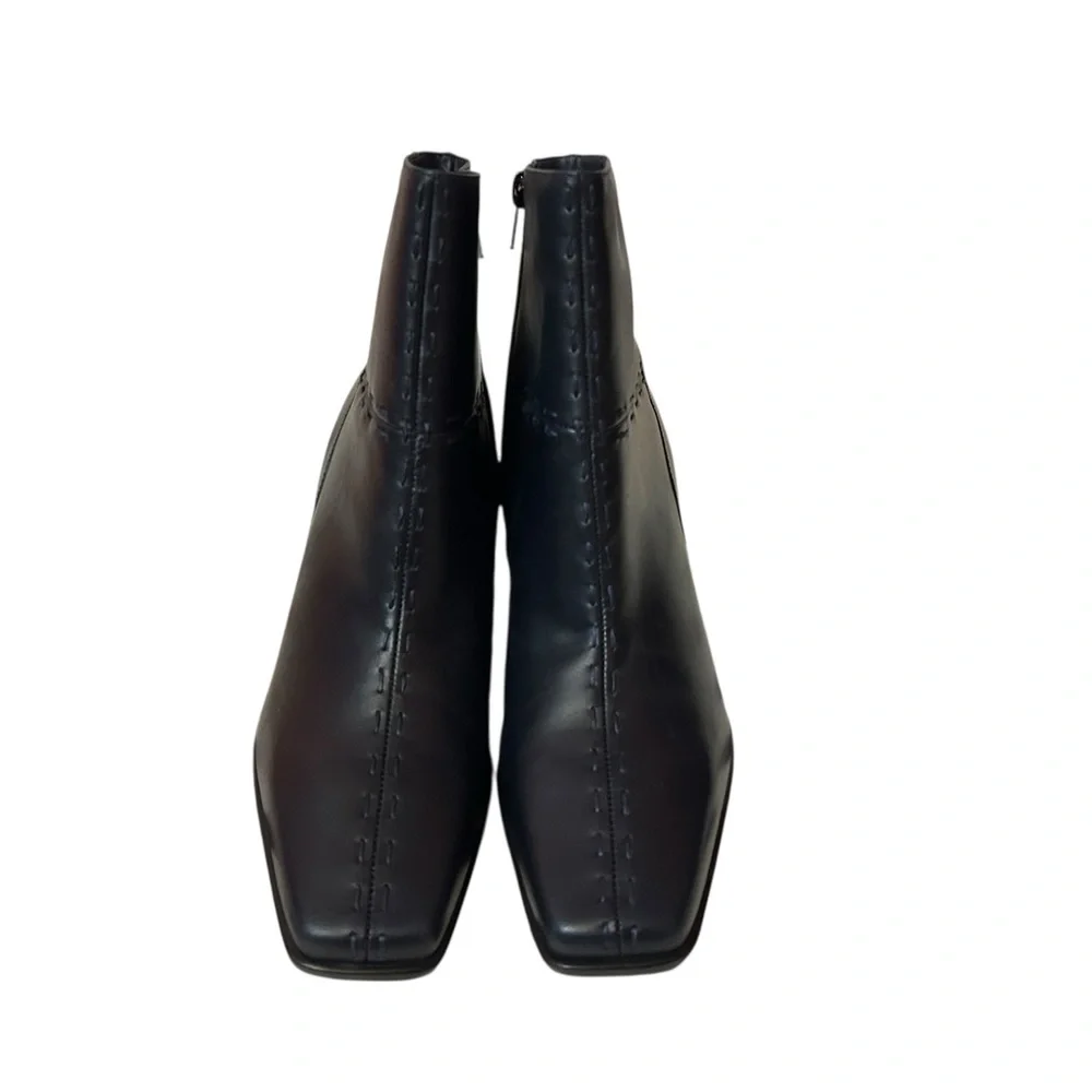 Markon Black Leather Ankle Boots 8M Brazil Square Toe Stitched Detail Heel Goth - Picture 7 of 7